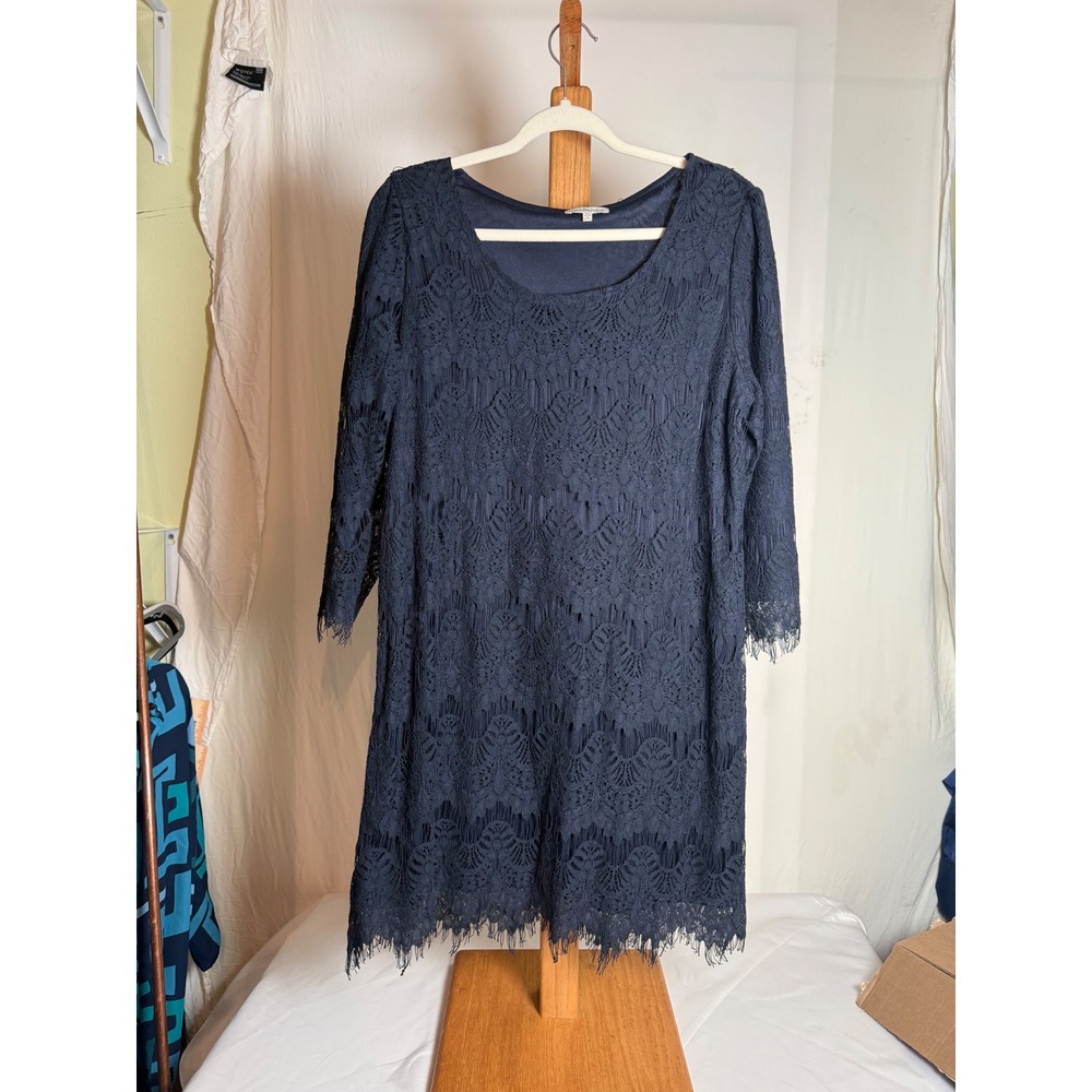 Charlotte Russe Navy Blue Lace Shift Dress 3/4 Sleeve Eyelash Fringe XL